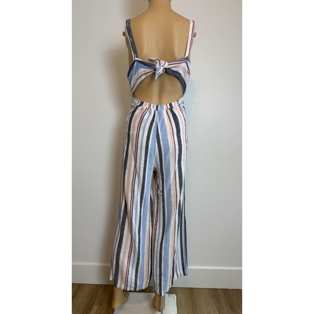 Indigo Rein Striped Linen Wideleg Open Back Jumpsuit Sz S Boho Coastal Beachy